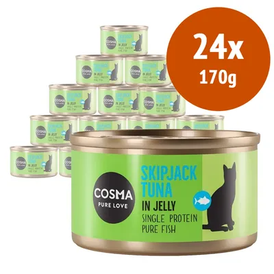 24 lattine da 170 g Cosma Pure Love Skipjack Tuna in Jelly, Single Protein Pure Fish. Etichetta verde con silhouette di gatto e testo visibile sul fronte.