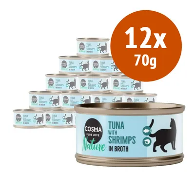 12 lattine da 70 g di Cosma Nature Tuna with Shrimps in Broth, confezione visibile con etichetta e silhouette di gatto. Testo in inglese sull'etichetta.