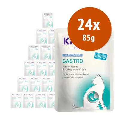 Kattovit Gastro con anatra e riso, confezione da 24 buste da 85 g. Testo visibile: Magen-Darm Bauchspeicheldrüse, fettarm und leicht verdaulich, hoher Elektrolytgehalt, verbesserte Rezeptur.