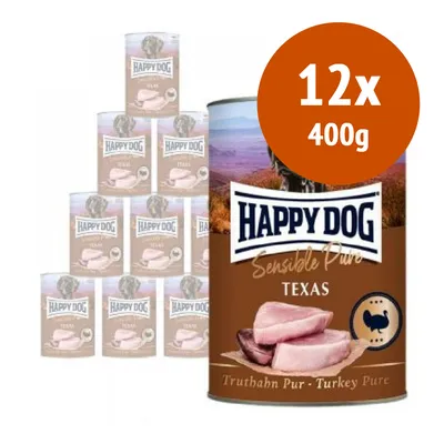 Confezione da 12 lattine Happy Dog Sensible Pure Texas, 400 g ciascuna. Testo visibile: Truthahn Pur - Turkey Pure. Immagine di carne di tacchino sulla confezione.
