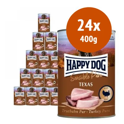 Confezione da 24 lattine Happy Dog Sensible Pure Texas, 400 g ciascuna. Etichetta visibile: Truthahn Pur • Turkey Pure.