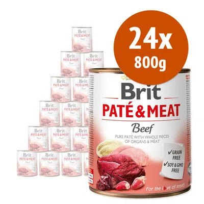 Lot de 24 boîtes Brit Paté & Meat Beef 800g, mention 'grain free', 'soy & GMO free' visibles sur l’emballage. Illustration de morceaux de viande et abats sur la boîte.