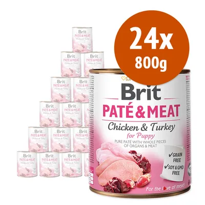 Brit PATÉ & MEAT Chicken & Turkey for Puppy, confezione 24x800g. Testo visibile: grain free, soy & GMO free, pure paté with whole pieces of organs & meat.