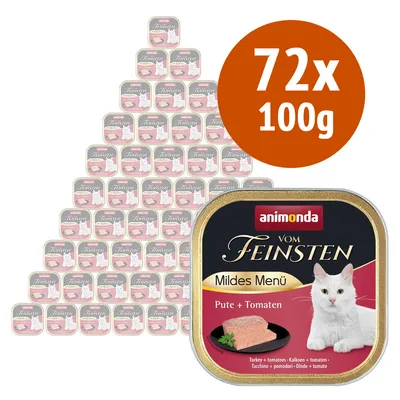 Animonda Vom Feinsten Mildes Menü Pute + Tomaten, confezione da 72 vaschette da 100 g di cibo umido per gatti, con immagine del prodotto e scritta 72x100g.