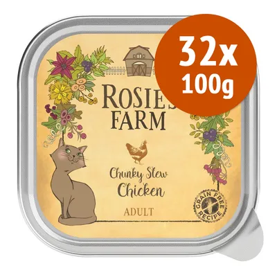 Rosie's Farm Chunky Stew Chicken Adult, confezione da 32 x 100 g, ricetta senza cereali, immagine di gatto e pollo sulla confezione.