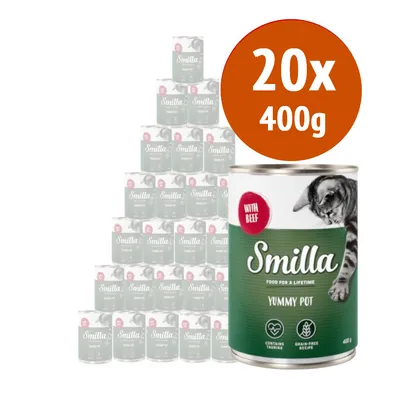 20x400g Smilla Yummy Pot con manzo, confezione di 20 lattine da 400 g ciascuna, visibile scritta 'WITH BEEF', immagine di un gatto sulla lattina.