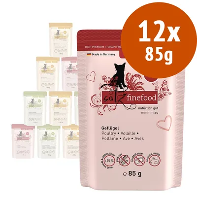 Catz finefood, confezione da 12 buste da 85 g ciascuna. Testo visibile: Geflügel, Poultry, Volaille, Pollame, Ave, Aves. Made in Germany, 95% carne, senza cereali, 85 g.
