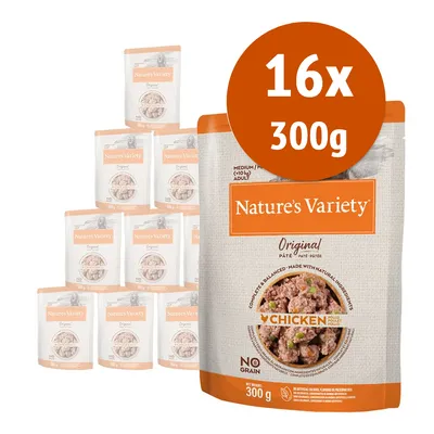Nature's Variety Original Paté con pollo, confezione da 16 buste da 300 g ciascuna. Testo visibile: NO GRAIN, CHICKEN, 300 g.