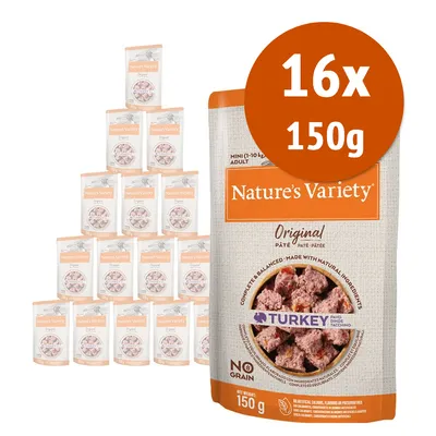 Confezione multipla Nature's Variety Original Paté Turkey, 16 buste da 150 g ciascuna. Testo visibile: NO GRAIN, MINI (1–10 kg) ADULT, Complete & Balanced, Made with natural ingredients. Confezione multipla Nature's Variety Original Paté Turkey, 16 buste da 150 g ciascuna. Testo visibile: NO GRAIN, MINI (1–10 kg) ADULT, Complete & Balanced, Made with natural ingredients.