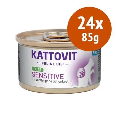Kattovit Feline Diet Sensitive Pute, Hypoallergene Schonkost, confezione da 24x85g. Testo in tedesco sull'etichetta.