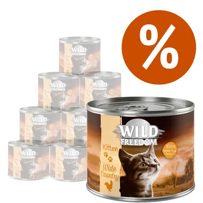 Set di lattine Wild Freedom Kitten Wide Country, ricetta 100% grain-free, offerta con simbolo percentuale per sconto visibile sull'immagine.