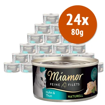 24 lattine da 80 g di Miamor Feine Filets Huhn & Thun Naturell, confezione visibile con etichetta e immagine di un gatto sul fronte.