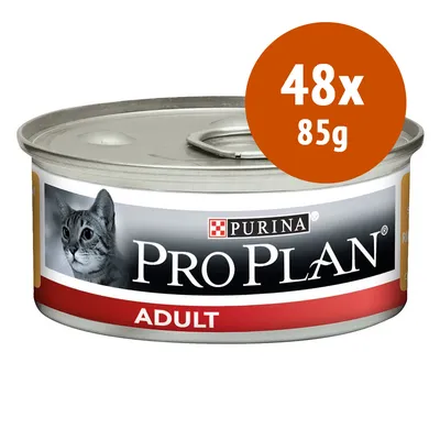 Scatoletta Purina Pro Plan Adult per gatti, confezione da 48x85g, con immagine di un gatto e testo visibile sulla confezione.