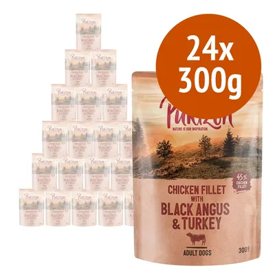 Purizon Chicken Fillet with Black Angus & Turkey per cani adulti, confezione 24x300g, 45% chicken fillet visibile sulla confezione.
