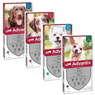 Confezioni di Elanco Advantix spot-on per cani, visibili vari formati: fino a 4 kg, oltre 4 kg fino a 10 kg, oltre 10 kg fino a 25 kg, oltre 25 kg fino a 40 kg.