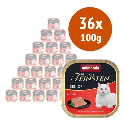 Animonda Vom Feinsten Senior mit Rind, confezione da 36 vaschette da 100 g ciascuna, visibile gatto bianco e paté di manzo sull'etichetta.