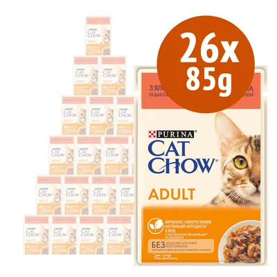 26 bustine da 85 g di Purina Cat Chow Adult, confezione visibile con immagine di un gatto e testo 'ADULT' sulla parte frontale. 26 bustine da 85 g di Purina Cat Chow Adult, confezione visibile con immagine di un gatto e testo 'ADULT' sulla parte frontale.