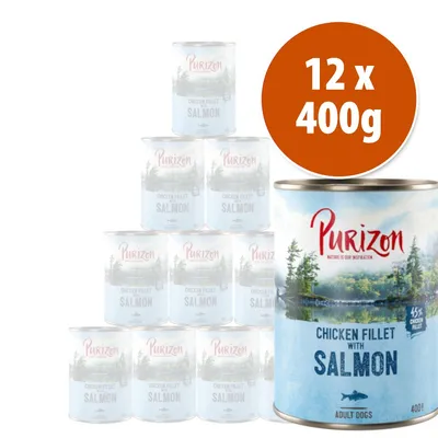 Lote de 12 latas Purizon Chicken Fillet with Salmon para perros adultos, 400 g cada una. Texto visible: 45 % chicken fillet.