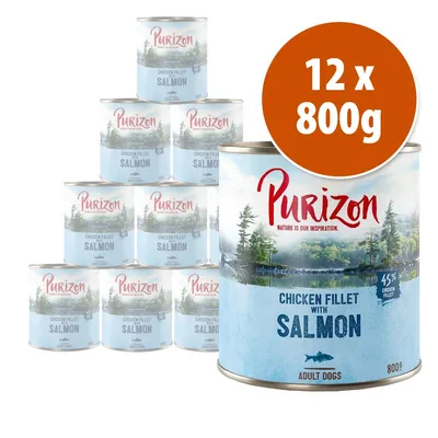 Pack de 12 latas de 800 g Purizon Chicken Fillet with Salmon para perros adultos. Texto visible: 45% chicken fillet.