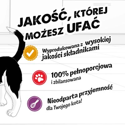 Jakość, której możesz zaufać. Wyprodukowane z wysokiej jakości składników, 100% pełnowartościowe i zbilansowane, nieodparty przysmak dla Twojego kota.