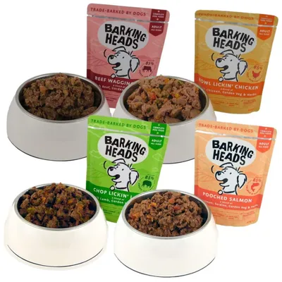 Four pouches of Barking Heads adult dog food in beef, chicken, lamb, and salmon varieties shown behind bowls filled with the corresponding wet food.