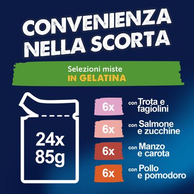 Felix Le Ghiottonerie in gelatina 24 x 85 g - Varietà con verdure (Manzo e Carote, Pollo, Salmone, Trota)