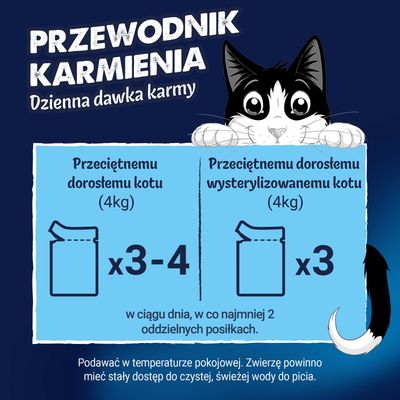 Zalecenia żywieniowe: dorosły kot, 4 kg – 3-4 porcje, kot sterylizowany, 4 kg – 3 porcje dziennie, co najmniej 2 posiłki. Zawsze zapewniaj świeżą wodę.