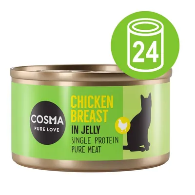 Cosma Pure Love Chicken Breast in Jelly, Single Protein Pure Meat, afbeelding van kattenvoerblik met 24-stuks icoon op de verpakking zichtbaar.