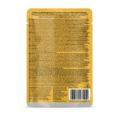 Back of pet food pouch showing ingredients, nutritional additives, feeding guide and storage instructions in multiple languages.