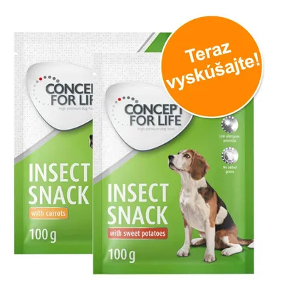 Concept for Life Insect Snack with carrots 100 g a Insect Snack with sweet potatoes 100 g, nápis Teraz vyskúšajte!, nízky alergénny potenciál, bez pridaných obilnín