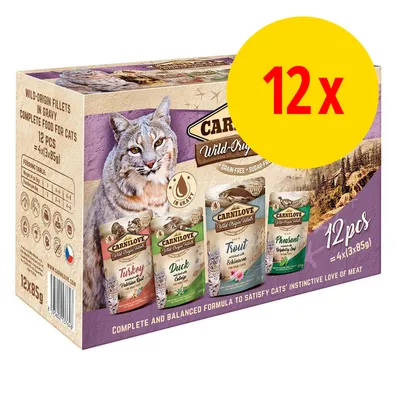 Carnilove Wild-Origin Fillets i sovs, komplet kattefoder. 12 stk (4x3x85g). Varianter: kalkun, and, ørred, fasan. Fodringstabel og tekst på engelsk synlig.
