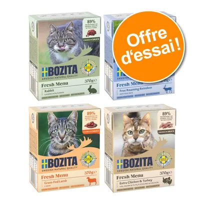 Boîtes Bozita Fresh Menu pour chat : Rabbit, Free Roaming Reindeer, Grass-Fed Lamb, Extra Chicken & Turkey, 370 g, 89 % ingrédients, offre d’essai visible sur l’image.