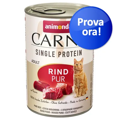 animonda Carny Single Protein Adult Rind Pur, immagine di una lattina con carne di manzo, gatto e testo visibile: Prova ora!, 100% fresche ingredienti, senza cereali, Made in Germany