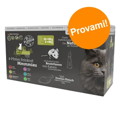 Confezione catz finefood 4-Pfoten Feinkost Mmmmiau, assortimento per gatti, 10 x 85 g e 2 x 80 g. Testo visibile: 'Provami!'. Gusti: pollo, salmone, cinghiale, agnello, cervo, cavallo. Confezione catz finefood 4-Pfoten Feinkost Mmmmiau, assortimento per gatti, 10 x 85 g e 2 x 80 g. Testo visibile: 'Provami!'. Gusti: pollo, salmone, cinghiale, agnello, cervo, cavallo.