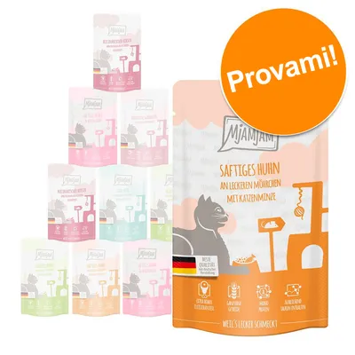 Confezione MjAMjAM Saftiges Huhn an leckeren Möhrchen mit Katzenminze, bustina arancione con scritta 'Provami!' e icone qualità visibili. Altri gusti assortiti sullo sfondo.