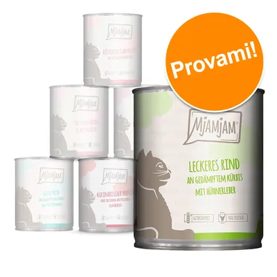 Scatole di cibo per gatti MjAMjAM, visibile: Leckeres Rind an gedämpftem Kürbis mit Hühnerleber. Etichetta arancione con testo: Provami! Scatole di cibo per gatti MjAMjAM, visibile: Leckeres Rind an gedämpftem Kürbis mit Hühnerleber. Etichetta arancione con testo: Provami!