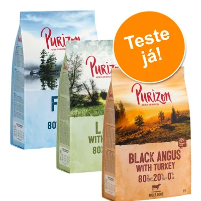Três sacos de ração Purizon visíveis: Fish, Lamb with Chicken e Black Angus with Turkey. Texto em destaque: Teste já!