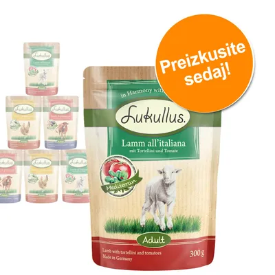 Lukullus Lamm all’italiana mit Tortellini und Tomate, Adult, 300 g. Oranžen krog z besedilom: Preizkusite sedaj! Več paketov Lukullus v ozadju.