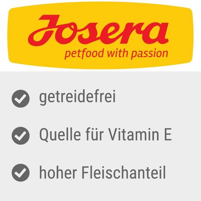 Josera petfood with passion. Getreidefrei, Quelle für Vitamin E, hoher Fleischanteil.