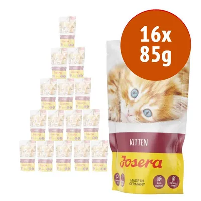 16 confezioni da 85 g di Josera Kitten, alimento per gattini. Sulla confezione: scritte 'Anti-Hairball', 'Grain free', 'Made in Germany' e immagine di un gattino arancione.