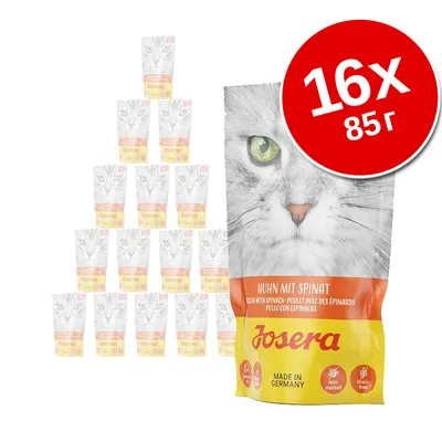 Josera Huhn mit Spinat, 16 пакетов по 85 г. Видна упаковка с изображением кошки и надписями: Anti-Hairball, Grain-free, Made in Germany. Josera Huhn mit Spinat, 16 пакетов по 85 г. Видна упаковка с изображением кошки и надписями: Anti-Hairball, Grain-free, Made in Germany.