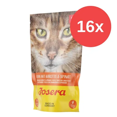 Josera Huhn mit Karotte & Spinat, 16x. Opakowanie karmy dla kotów z widocznym napisem 'Made in Germany', 'Grain-free' oraz dużą liczbą 16x na czerwonym tle.