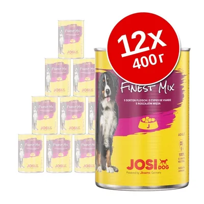JosiDog Finest Mix, 12×400 г, консервированный корм для собак. На упаковке изображён пёс и миска с едой. Видны надписи: '5 SORTEN FLEISCH', 'ADULT', 'MADE IN GERMANY'.