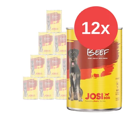 Confezione da 12 lattine di cibo per cani JosiDog Beef, etichetta con cane, scritta 'Beef', marchio JosiDog e indicazione adult. Evidenziato il numero 12x in cerchio rosso.