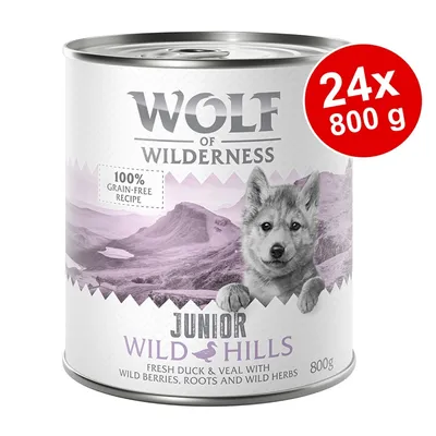Wolf of Wilderness Junior Wild Hills natvoer, 24x800 g. 100% grain-free recipe. Fresh duck & veal with wild berries, roots and wild herbs. Blikverpakking van 800 g. Wolf of Wilderness Junior Wild Hills natvoer, 24x800 g. 100% grain-free recipe. Fresh duck & veal with wild berries, roots and wild herbs. Blikverpakking van 800 g.