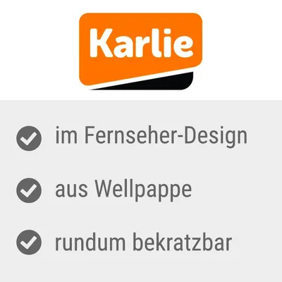 Karlie. Diseño de televisor, hecho de cartón ondulado, rascable por todos los lados.