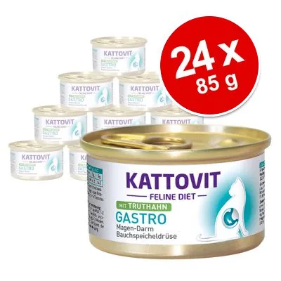Kattovit Feline Diet Gastro med kalkon, 24 x 85 g burkar. Text på burk: Magen-Darm Bauchspeicheldrüse. Bild på katt och medicinsymbol. Kattovit Feline Diet Gastro med kalkon, 24 x 85 g burkar. Text på burk: Magen-Darm Bauchspeicheldrüse. Bild på katt och medicinsymbol.