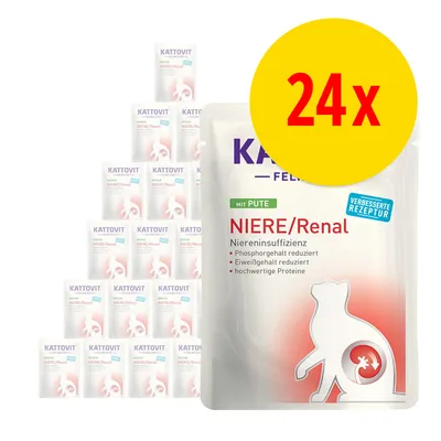 Kattovit Feline Diet NIERE/Renal med kalkun, 24x portionsposer. Tekst: Phosphorgehalt reduziert, Eiweißgehalt reduziert, hochwertige Proteine, verbesserte Rezeptur.