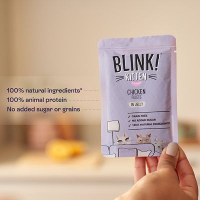 BLINK! Kitten Chicken Fillets in Jelly, 100% natural ingredients, 100% animal protein, no sugar or grain, grain-free, for kittens aged 2–12 weeks.