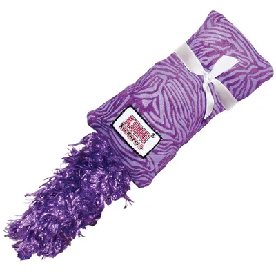 Purple plush toy with zebra pattern, white ribbon and fluffy tail. Label reads 'KONG Kickeroo'.